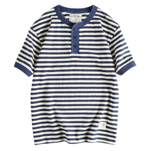 阿美咔叽复古港单海魂衫T恤男 潮流高克重全棉亨利领条纹半袖衫