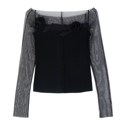 PynkiSwear 黑色/白色一字领拼接网纱手工玫瑰T恤辣妹设计感上衣