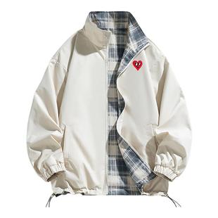 查尔斯桃心 双面穿拼色格子立领夹克男女春秋季防风情侣运动外套