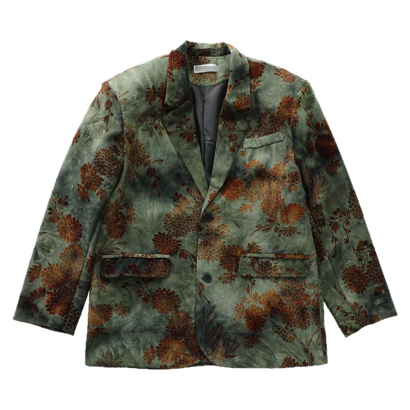 2025春季新款绿色西服外套男装大码新中式花卉植绒宽松小西装外套