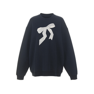 wana try空气层精致镂空蝴蝶结蓝色卫衣2025秋季新款休闲女款上衣