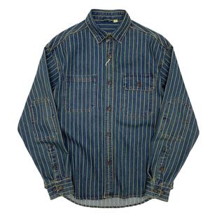 重水洗做旧条纹衬衫男重磅厚实工装牛仔夹克秋季复古阿美咔叽外套