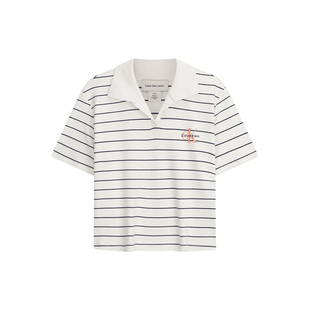 CK Jeans26春夏女士活力少女感V字海鸥领罗纹宽松短袖T恤POLO衫