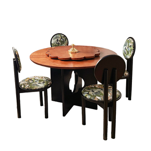 中古风实木餐桌圆桌带转盘家用小户型法式复古风宋式美学餐厅饭桌