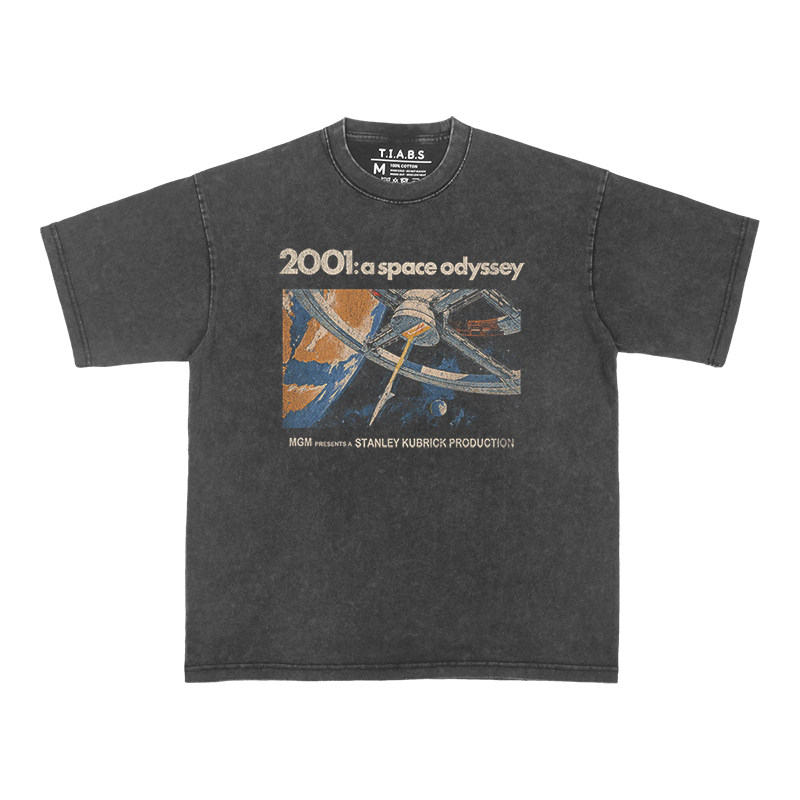 2001太空漫游水洗做旧复古经典电影美式休闲纯棉宽松落肩短袖T恤