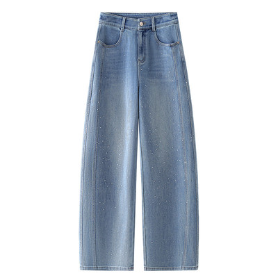 雅鹿浅蓝色烫钻弯刀牛仔裤女春季