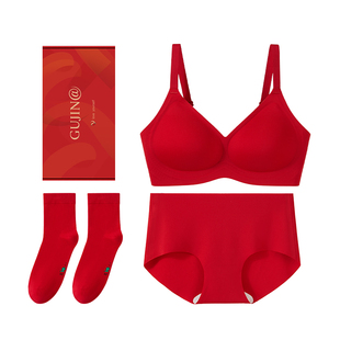 古今本命年红色内衣套装女内裤胸罩结婚礼物马年新年无痕聚拢文胸