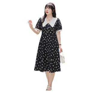 绮娑显瘦胖MM大码连衣裙2024夏装新款减龄娃娃领收腰雪纺碎花长裙