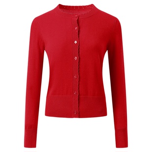 ChicChick时髦小鸡 美丽奴羊毛红色花朵纽扣波浪花边针织两件套