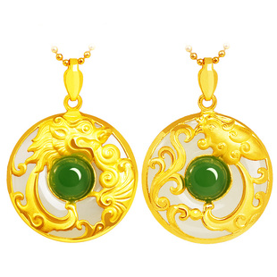 正品999黄金足金镶玉和田玉平安扣吊坠龙凤八宝罗盘福字墨玉女款