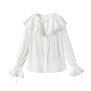 【月光织就】立体肌理感面料 法式刺绣荷叶边领花瓣袖纯棉衬衫