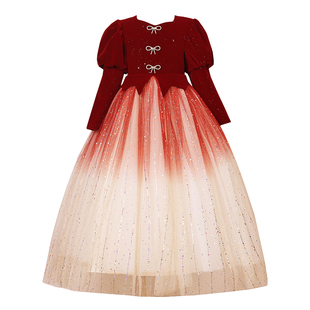 女童礼服红色新年花童婚礼小女孩儿童生日公主裙主持人钢琴演出服