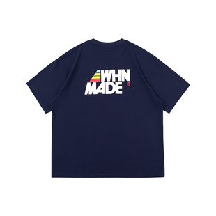 WHIMNOTION 日系撞色logo裂纹印花短袖上衣圆领纯棉落肩夏季T恤男