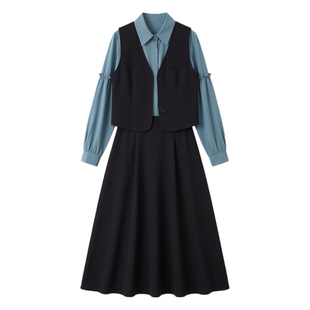 绮娑春装新款大码女装拼接长袖衬衫A字裙假两件套显瘦胖MM连衣裙