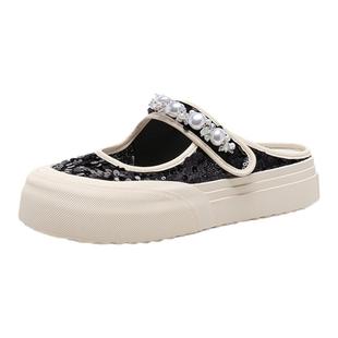 St&Sat/星期六春夏珍珠魔术贴穆勒鞋厚底包头半拖鞋女SSC1114C1F