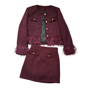 高级感法式羊毛羽绒服套装女2026冬季新款羽毛亮丝编织短裙两件套