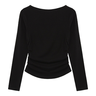 pusumede纸片人~修身长袖针织t恤女一字领抽褶收腰内搭打底衫上衣