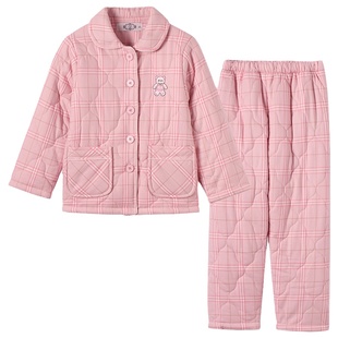 美标儿童三层夹棉纯棉睡衣男女童秋冬格子加厚保暖全棉家居服大童