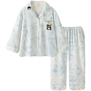 Pinksea睡衣女款春秋季纯棉长袖套装可爱小企鹅大码可外穿家居服