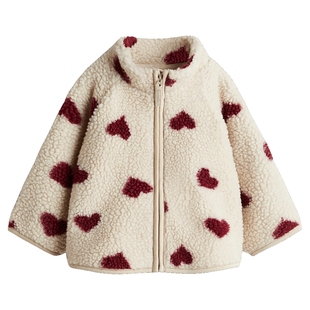 HM童装女婴外套冬季立领插肩袖印花泰迪绒外套1293200