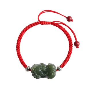 天然和田玉貔貅情侣小貔貅青玉手链男皮质手链女红绳编织手绳礼物