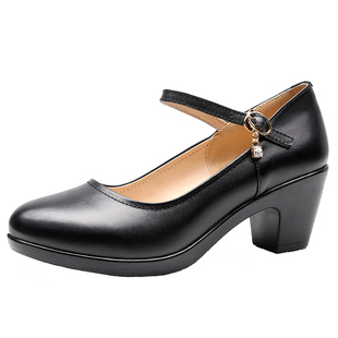 圆头浅口6CM皮鞋中跟防水台厚底粗跟模特走秀鞋一字扣职业工作鞋