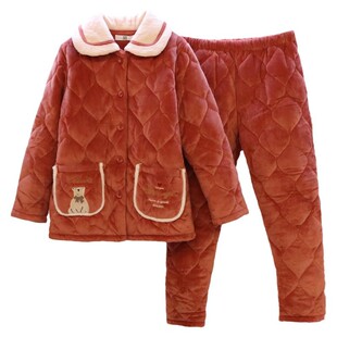 正品安之伴珊瑚绒夹棉加厚睡衣女冬季三层厚棉衣家居服套装加大码
