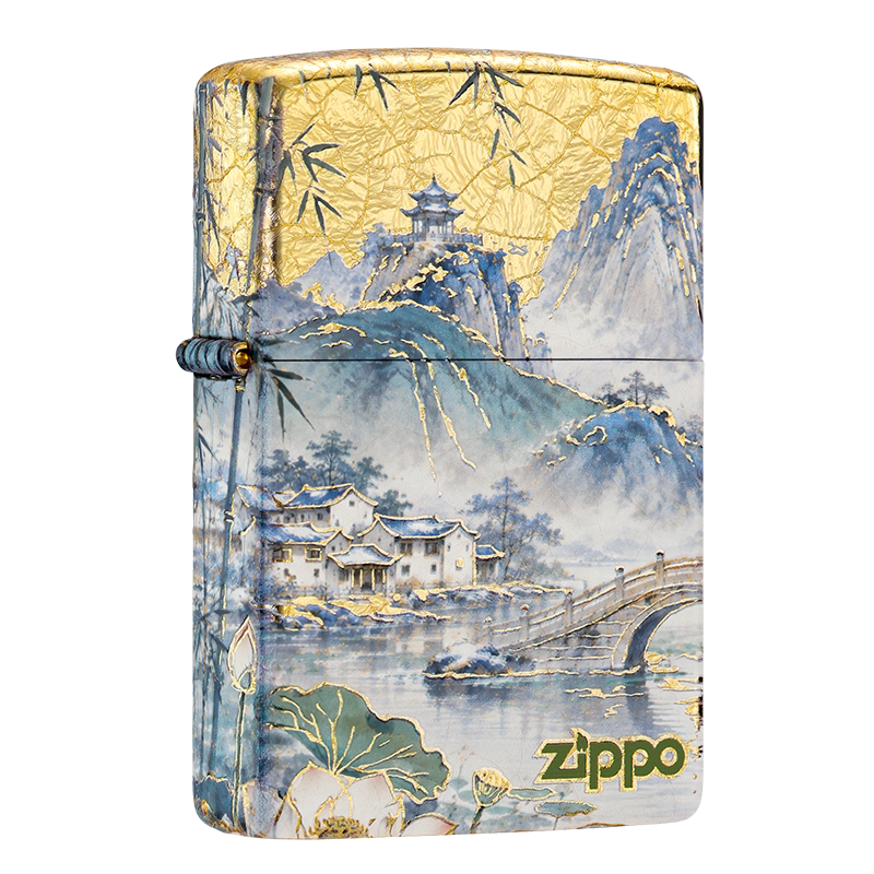 zippo打火机正品 莲山听竹 金裂冰江南水乡山水画 防风送男士礼物