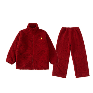 冬季儿童睡衣套装女童红色年服珊瑚绒双面绒拉链家居服保暖空调服