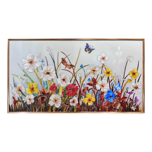 手绘琉璃珐琅彩装饰画现代轻奢客厅沙发背景墙肌理画花卉画三联画