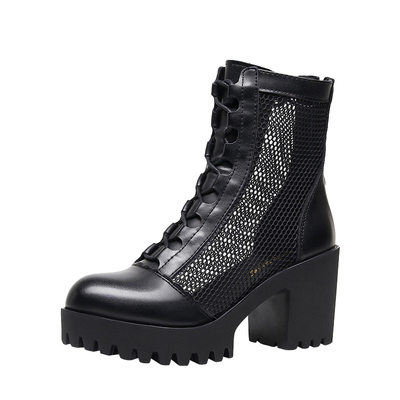 高跟粗跟网纱系带走秀马丁靴厚底防水台镂空凉靴侧拉链包头网靴女