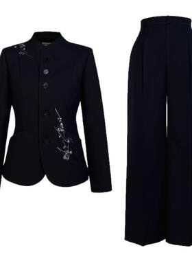 浒城古娘春季新款女装刺绣黑色高级职业西服新中式国风套装女春秋