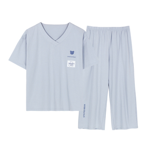 睡衣女夏天纯棉短袖七分裤V领可爱两件套夏季少女家居服薄款套装