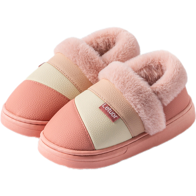 乐拖皮面防水居家包跟保暖棉拖鞋