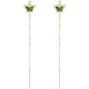 蝴蝶翡翠流苏珍珠银鎏金耳钉非遗花丝镶嵌新中式长款轻奢耳饰耳坠