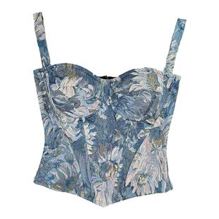 莫奈花园提花碎花外穿鱼骨胸衣钢圈背心吊带短款上衣打底内搭抹胸