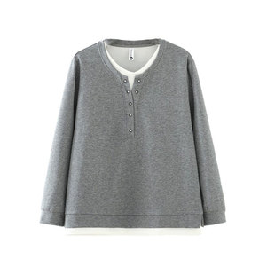 2026女装春装胖mm假两件减龄时髦卫衣女大码拼色套头V领长袖上衣