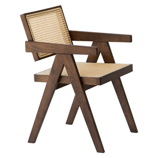 中古侘寂实木藤编餐椅日式靠背设计师昌迪加尔椅子家用扶手书桌椅