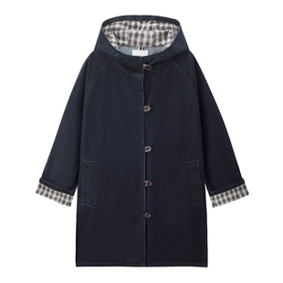 设计师款佐丹奴女装新款拼接格纹中长款连帽牛仔风衣外套18375507