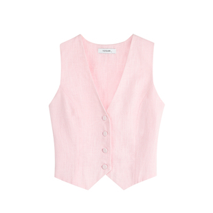 NEVA HU 白色棉麻短款V领西装坎肩马甲女开衫背心+阔腿裤两件套