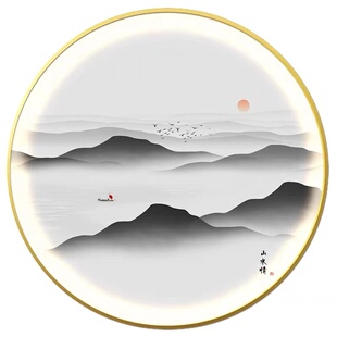 水墨山水圆形玄关装饰画新中式书房氛围灯画意境风景禅意茶室挂画