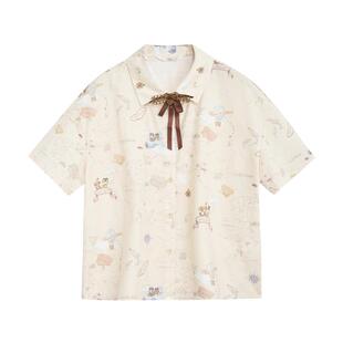 紫涵印花短袖衬衫女夏季新款多巴胺设计感休闲可爱减龄纯棉衬衣