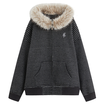 NEVER EMPTY条纹毛领连帽卫衣男女同款2025秋冬新款羊毛开衫外套