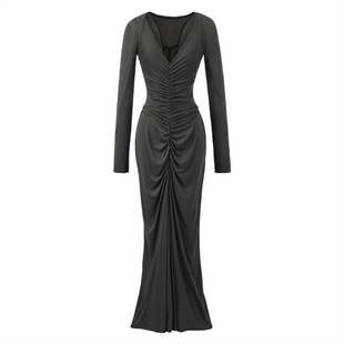 轻熟灰色坎肩两件套抽褶连衣裙长袖v领吊带长裙性感收腰修身裙子