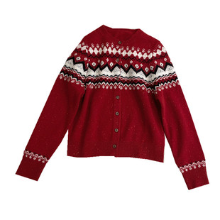 秦岚同款费尔岛花纱纽扣圆领绵羊毛开衫羊毛衫上衣女秋冬新年红