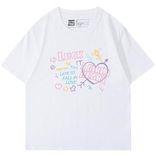 日系甜美小个子女生可爱印花白色正肩短袖t恤女宽松韩版纯棉半袖