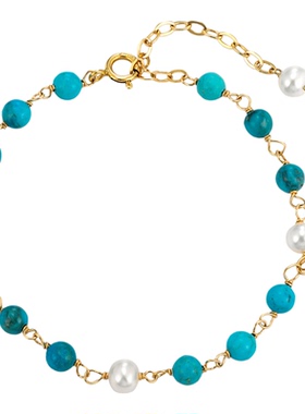 KREAM 14K包金天然珍珠绿松石手链男嘻哈女欧美潮流时尚小众设计