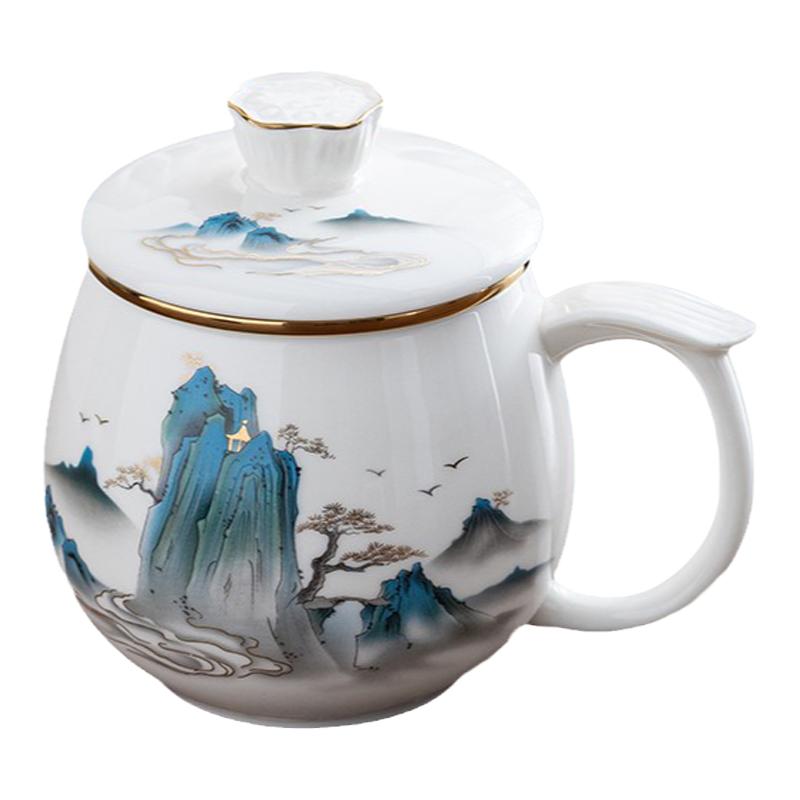 羊脂玉陶瓷办公杯茶水分离茶杯