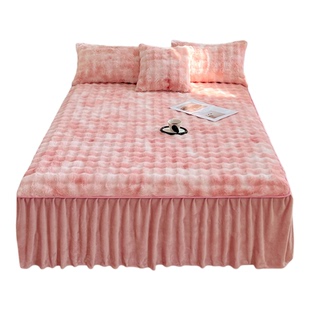 秋冬保暖牛奶绒兔毛绒床裙式床罩三件套水晶绒加绒床垫保护罩单件