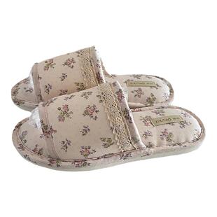 细细条 四季通用休闲防滑居家地板鞋女甜美碎花轻便一字棉麻拖鞋